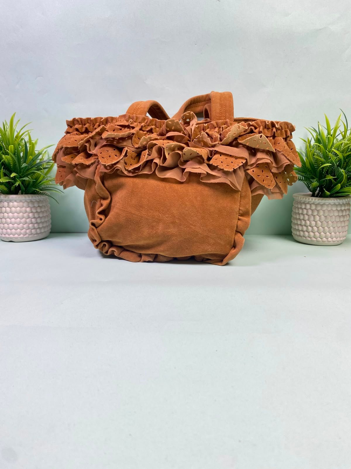 Brown Ruffle Suede Handbag